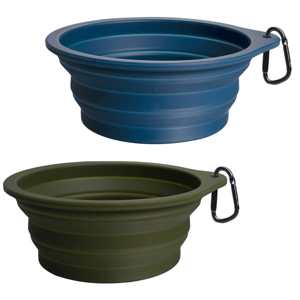 Collapsible Silicone Dog Bowls 2-Pack with Carabiners, Green & Blue