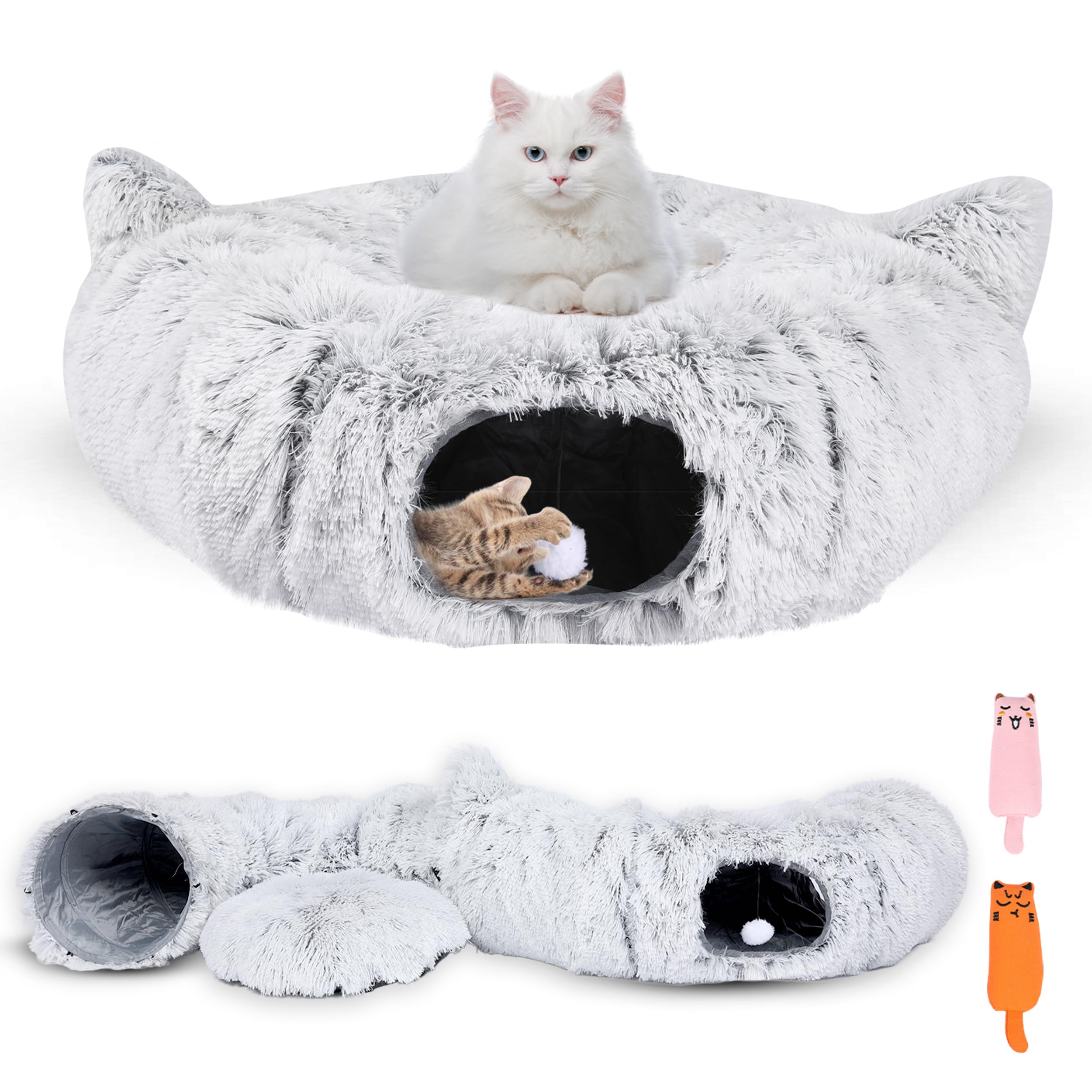 Cat tunnel bed with catnip toys, foldable donut cave