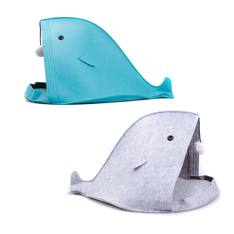 Shark Cat Cave Bed — Felt Tent Hideaway with Dangling Toy, 16 x 16 x 20 in