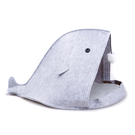 Shark Cat Cave Bed — Felt Tent Hideaway with Dangling Toy, 16 x 16 x 20 in
