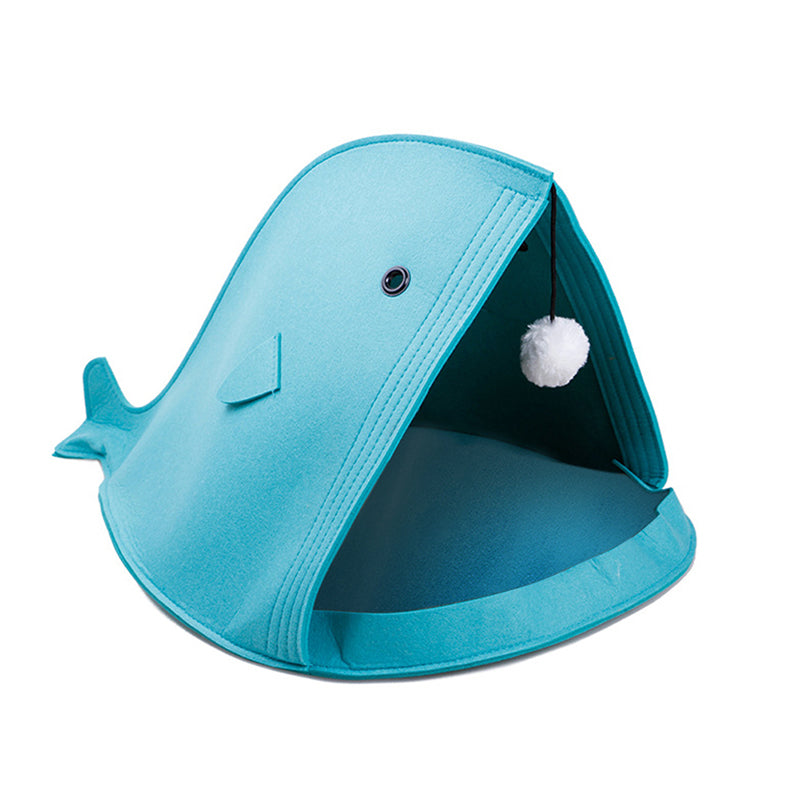Shark Cat Cave Bed — Felt Tent Hideaway with Dangling Toy, 16 x 16 x 20 in