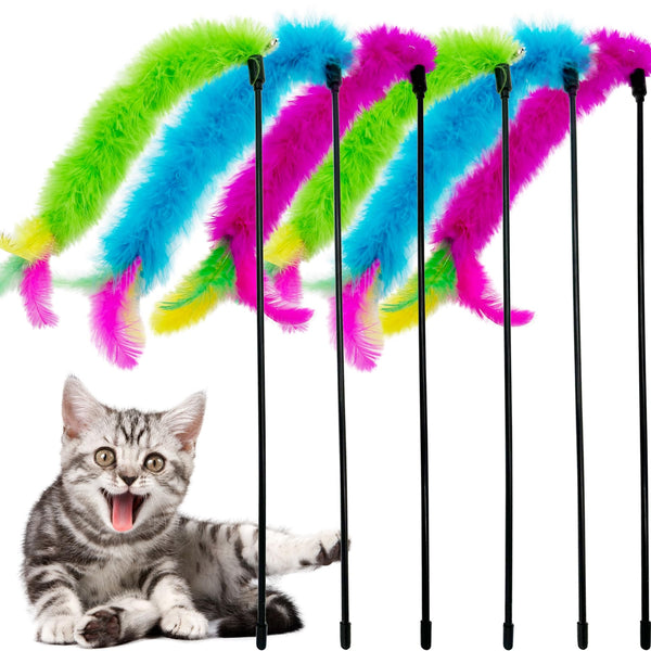 6-Piece Cat Feather Wand Set - Interactive Teaser Toys for Indoor Cats