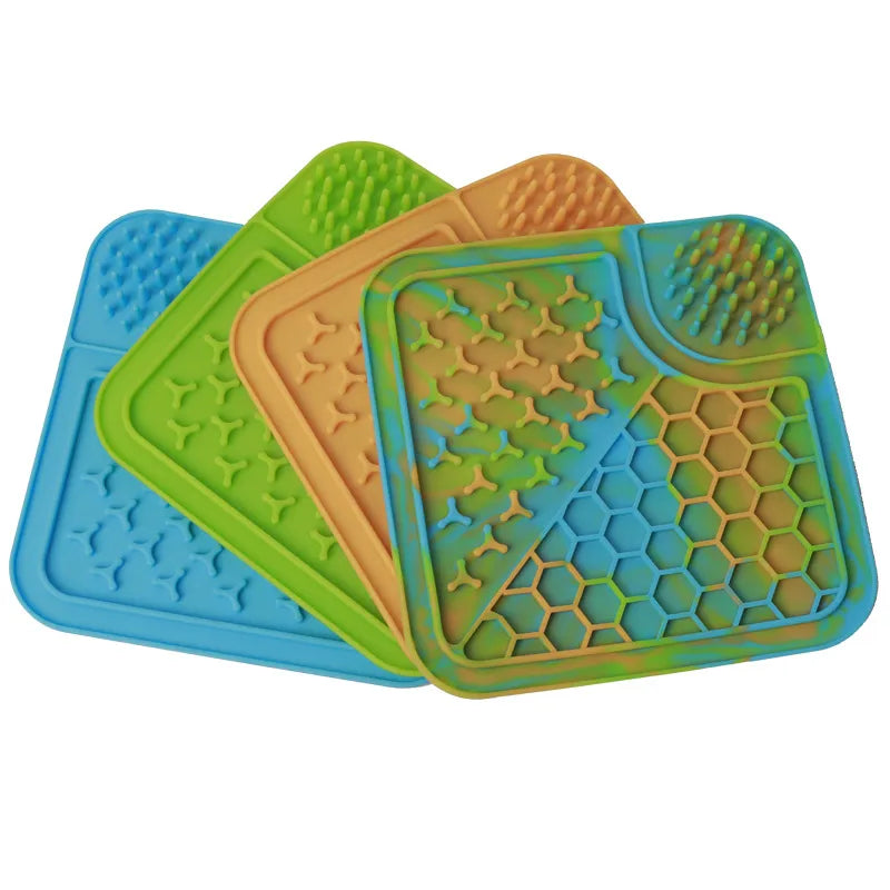 Dog lick mat slow feeder in all four colors: blue, green, orange and tie-dye