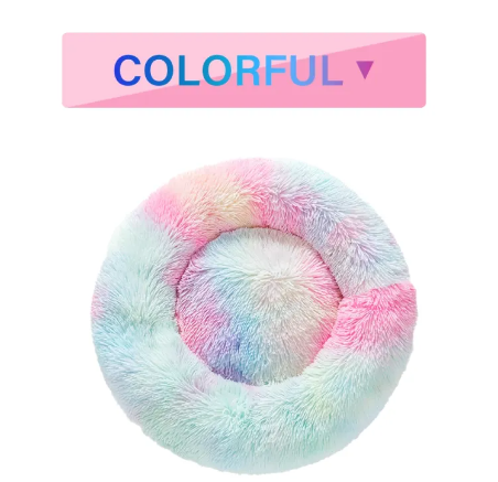 Two fluffy donut pet beds shown side by side in different sizes