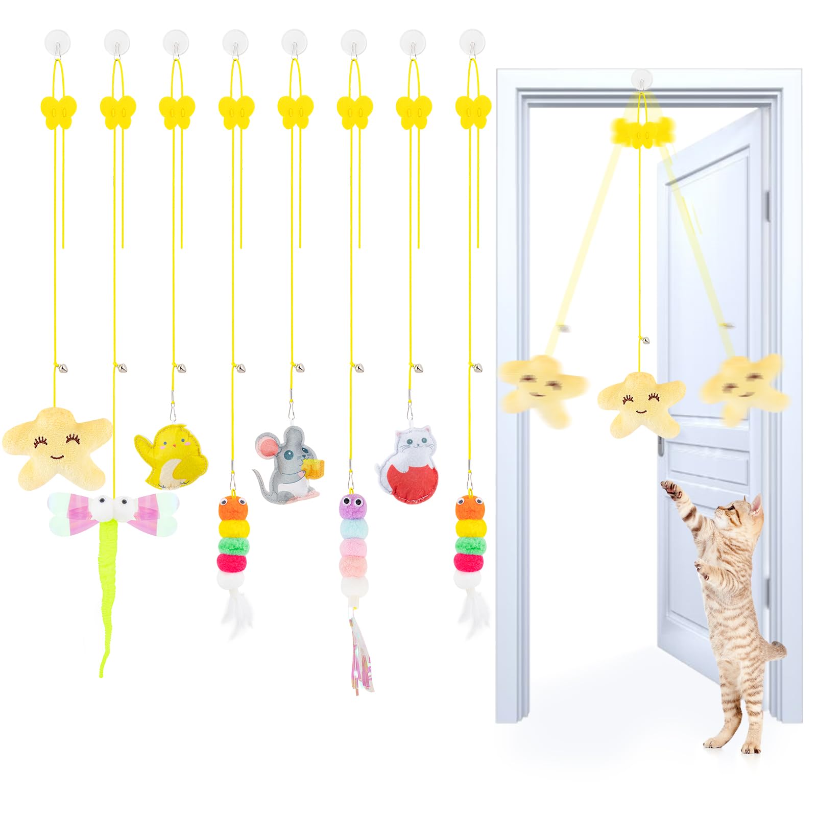 Cat playing with door-hung retractable teaser