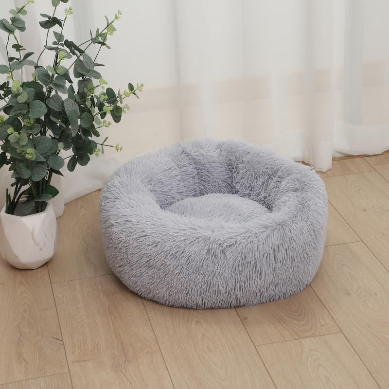 Fluffy calming donut pet bed 18 inch light grey