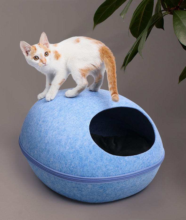 Egg-Shaped Felt Cat Cave Bed — Enclosed Hideaway, 13 x 10 in
