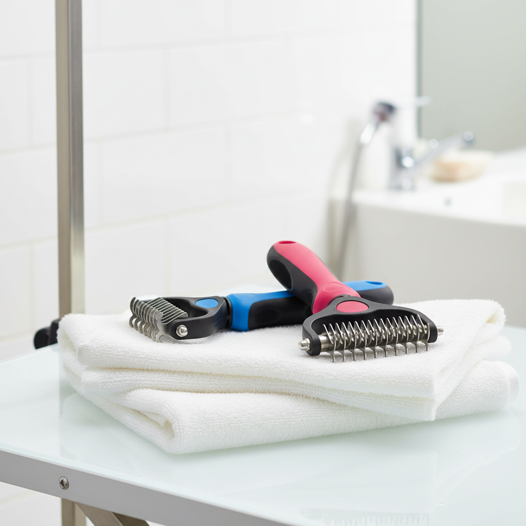 Double-sided pet grooming brush with metal comb, pink — alternate view