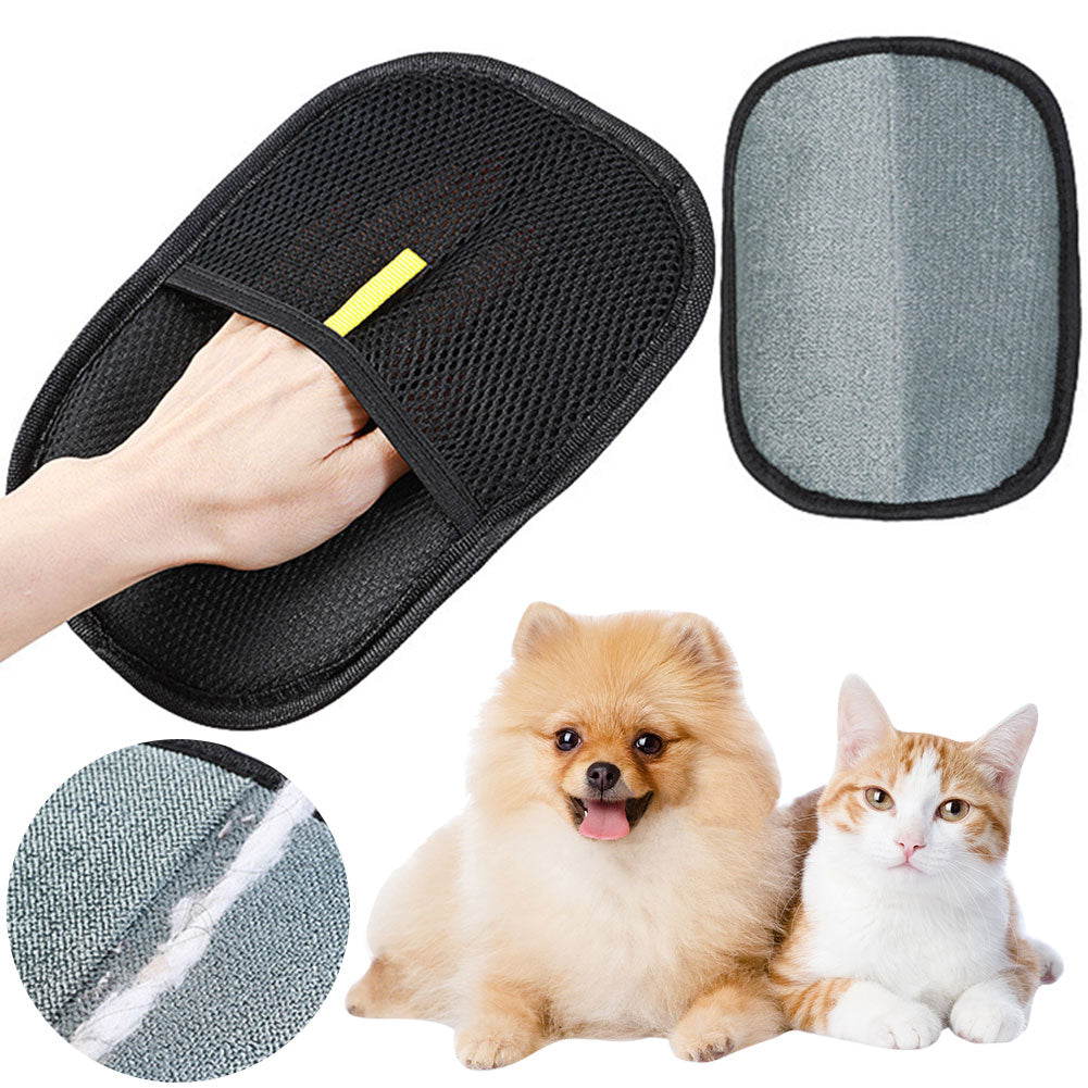 Pet hair remover glove with dog and cat, showing collected fur