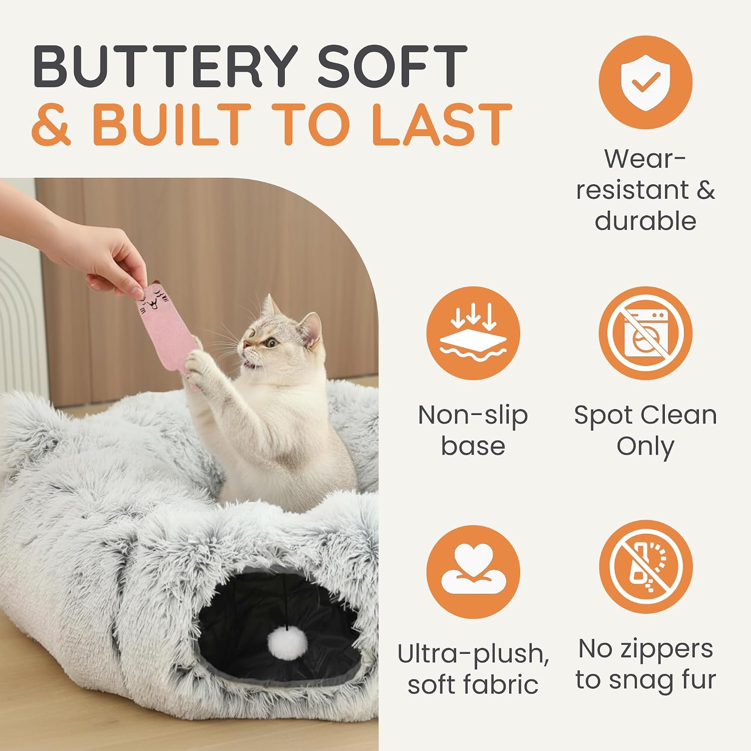 Cat tunnel bed with catnip toys foldable donut cave – in use