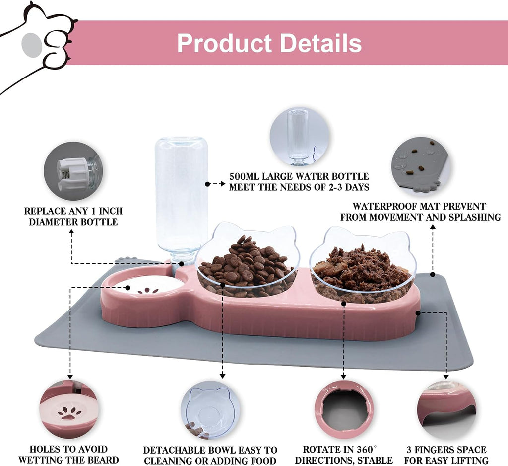 Elevated triple cat bowl set with water dispenser – in use