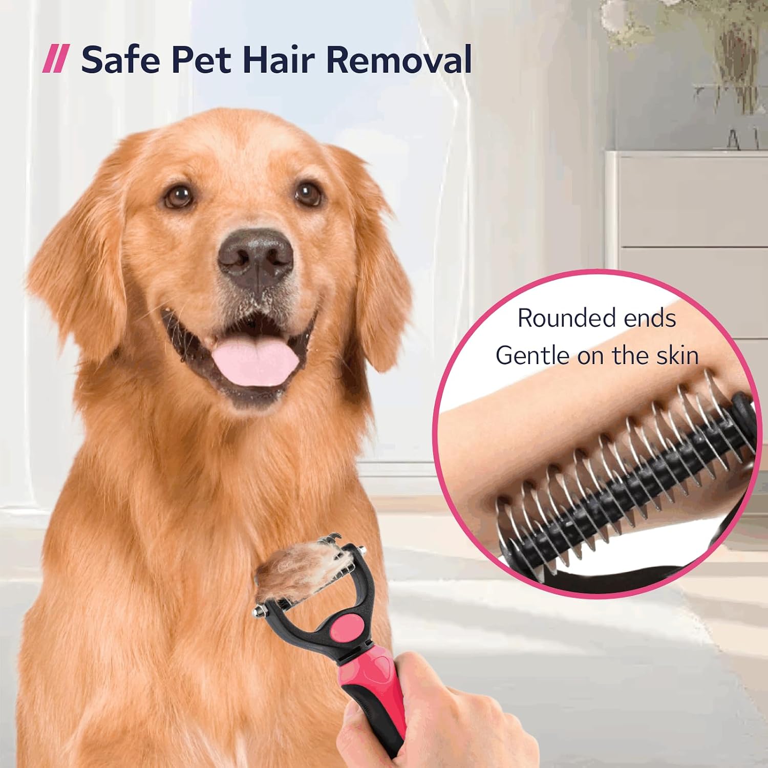 Double-sided pet grooming brush with metal comb – in use
