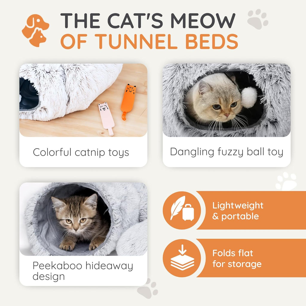 Cat tunnel bed with catnip toys foldable donut cave – side angle