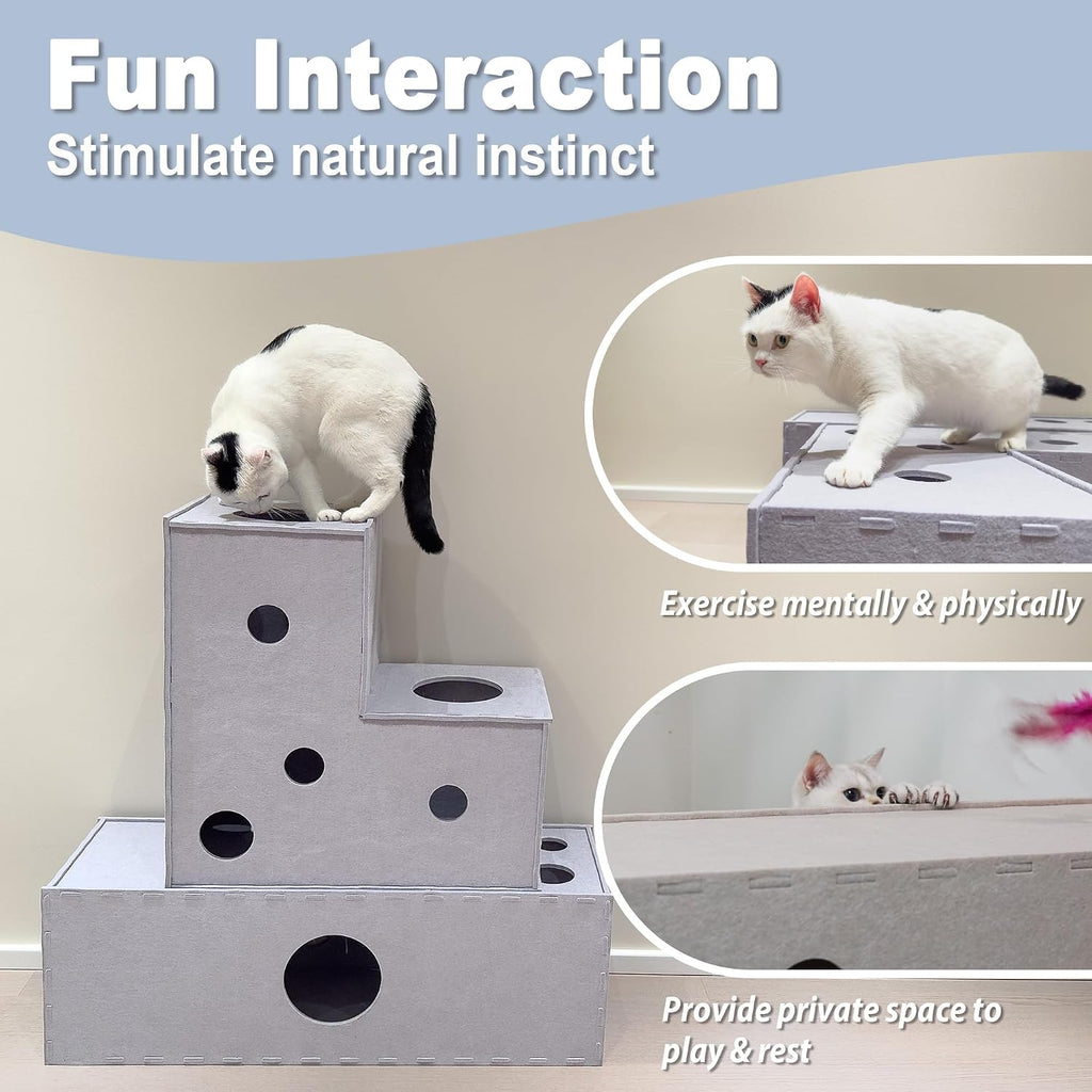 Felt cat tunnel cube L-shape hideaway – in use