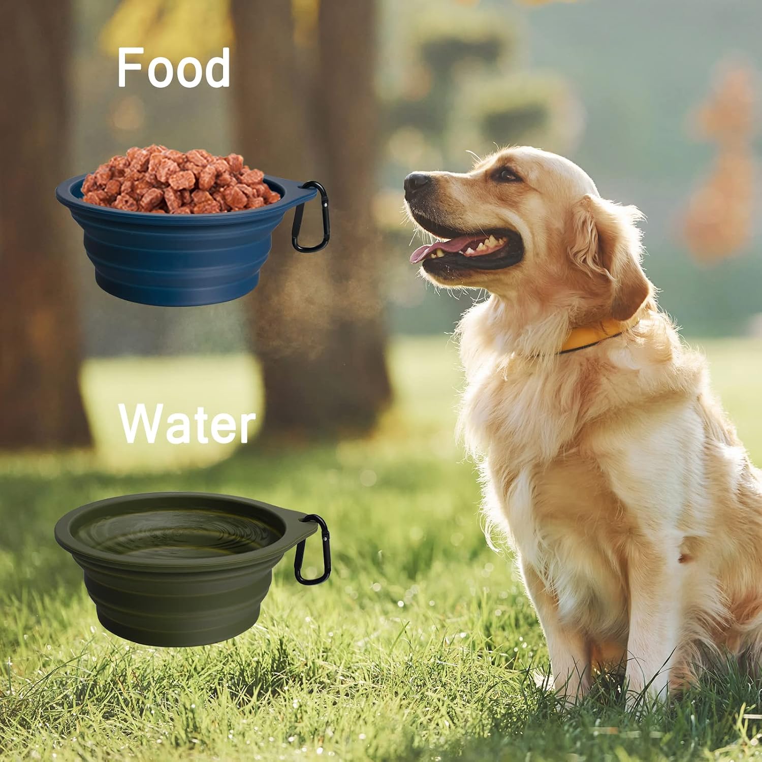 Collapsible silicone dog bowls 2-pack with carabiners – in use