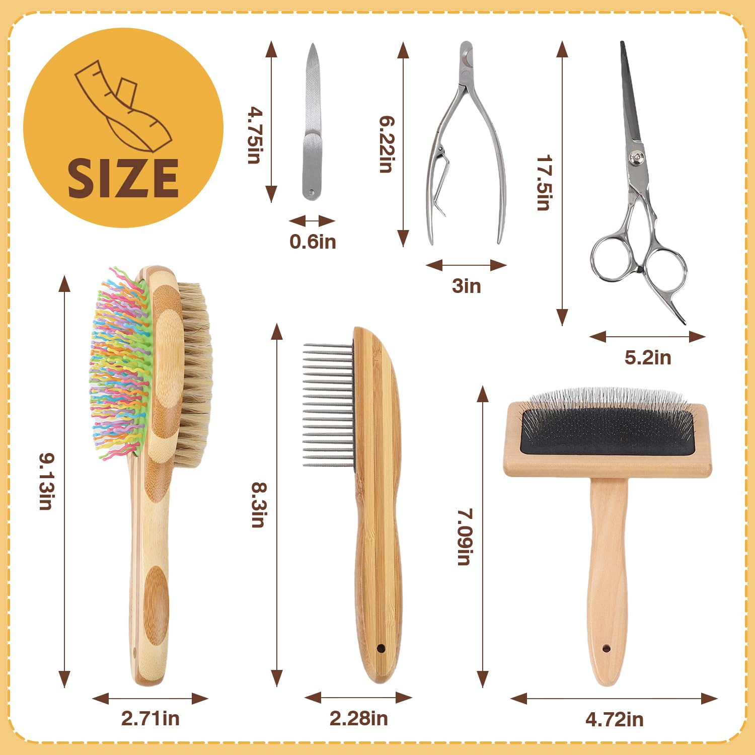 7-piece dog grooming kit with deshedding brush – size reference