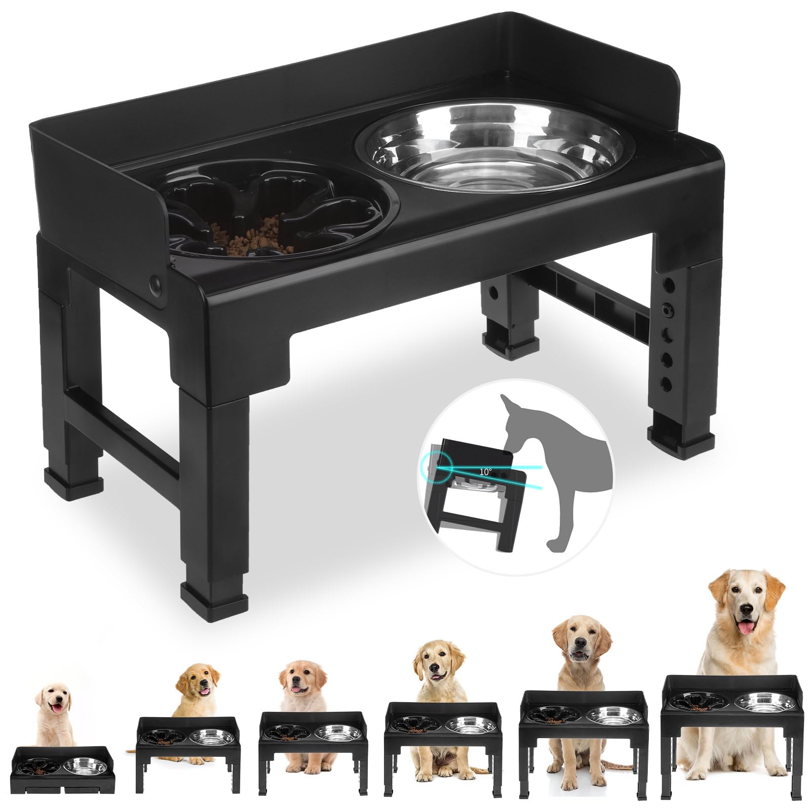 Elevated dog bowl stand 6-height adjustable mess-proof feeder, black