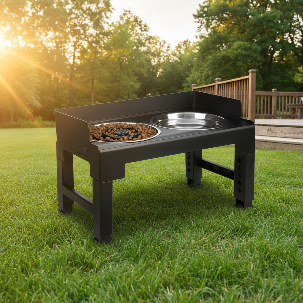 Elevated dog bowl stand 6-height adjustable mess-proof feeder, black — detail view