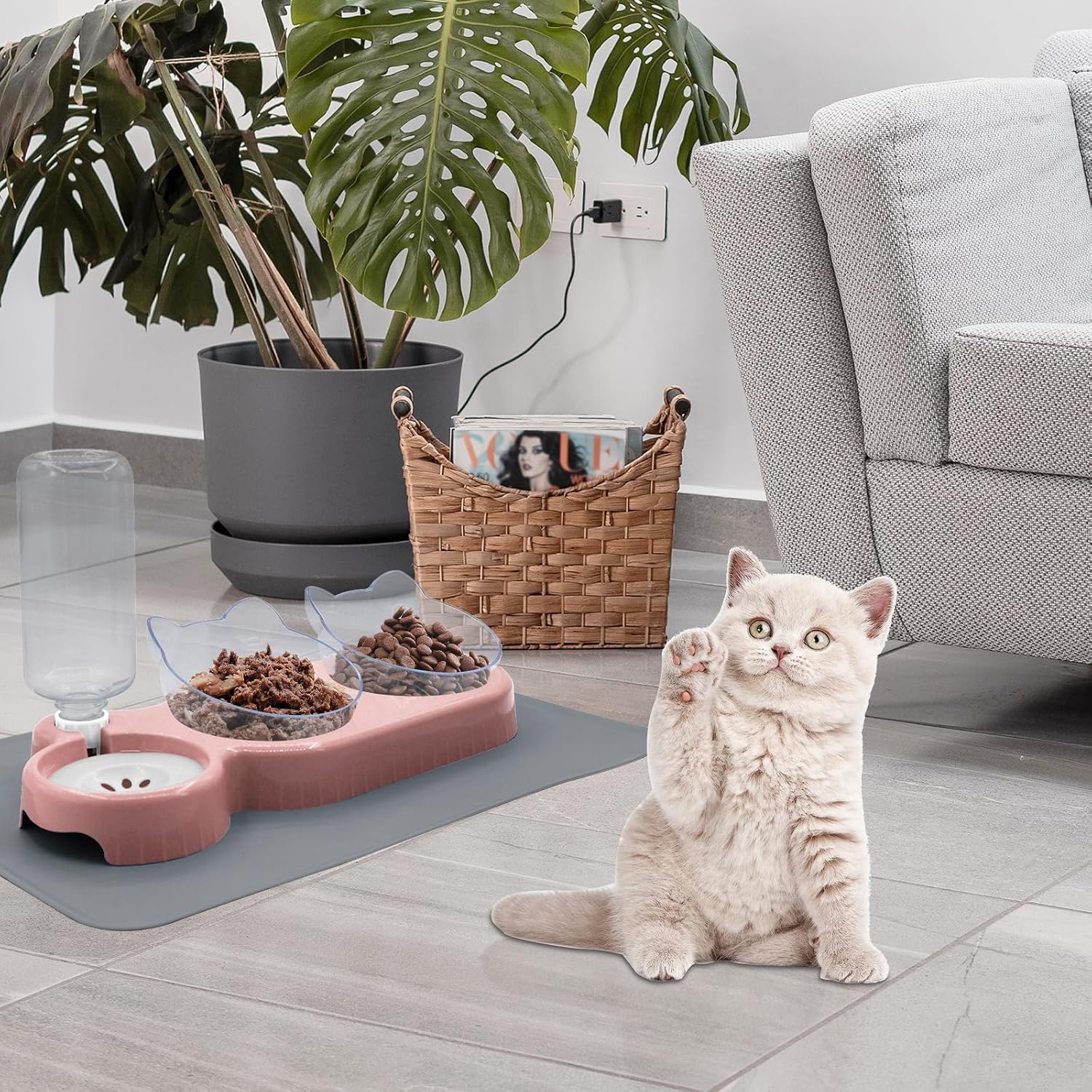 Elevated triple cat bowl set with water dispenser – packaging