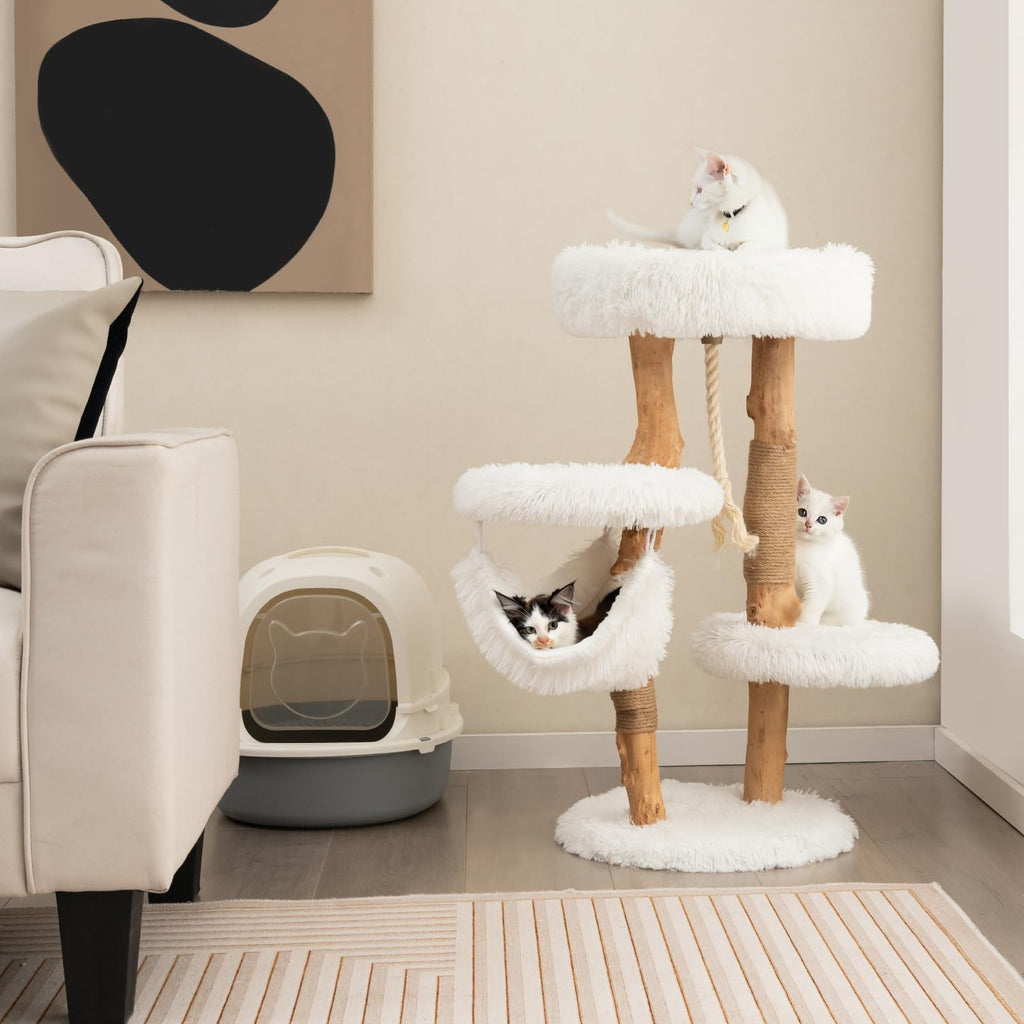 34 Inch Solid Pear Wood Cat Tree with Hammock, Top Perch & Jute Scratching Posts
