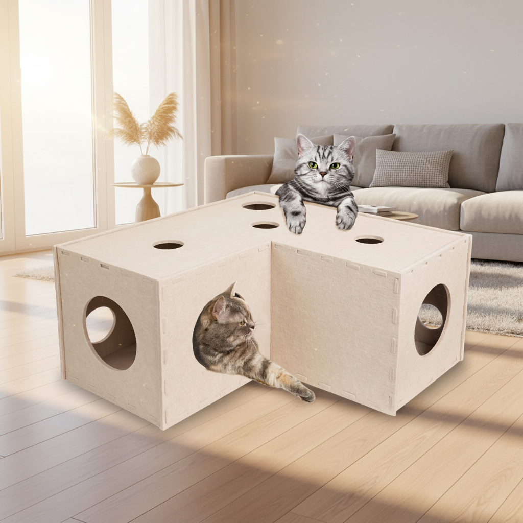 Felt cat tunnel cube L-shape hideaway cave for indoor cats — alternate view