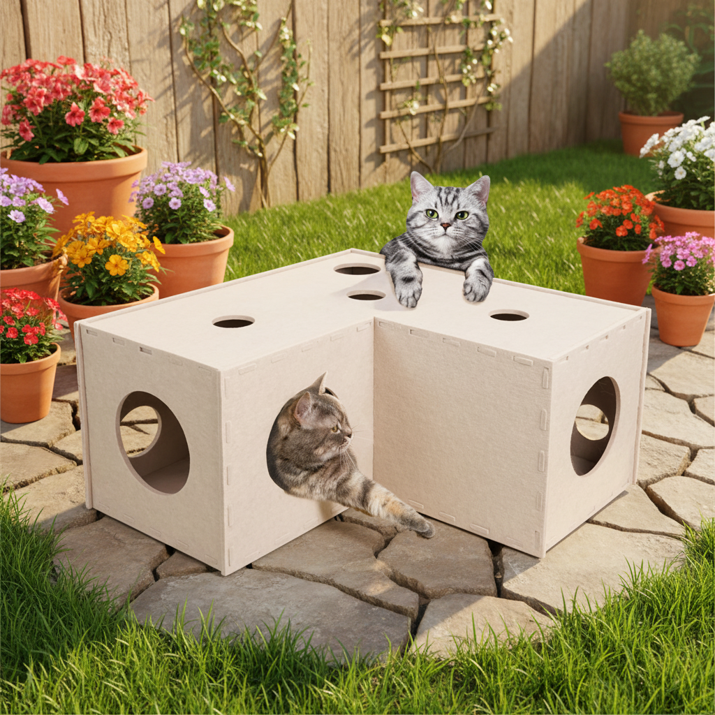 Felt cat tunnel cube L-shape hideaway cave for indoor cats — detail view