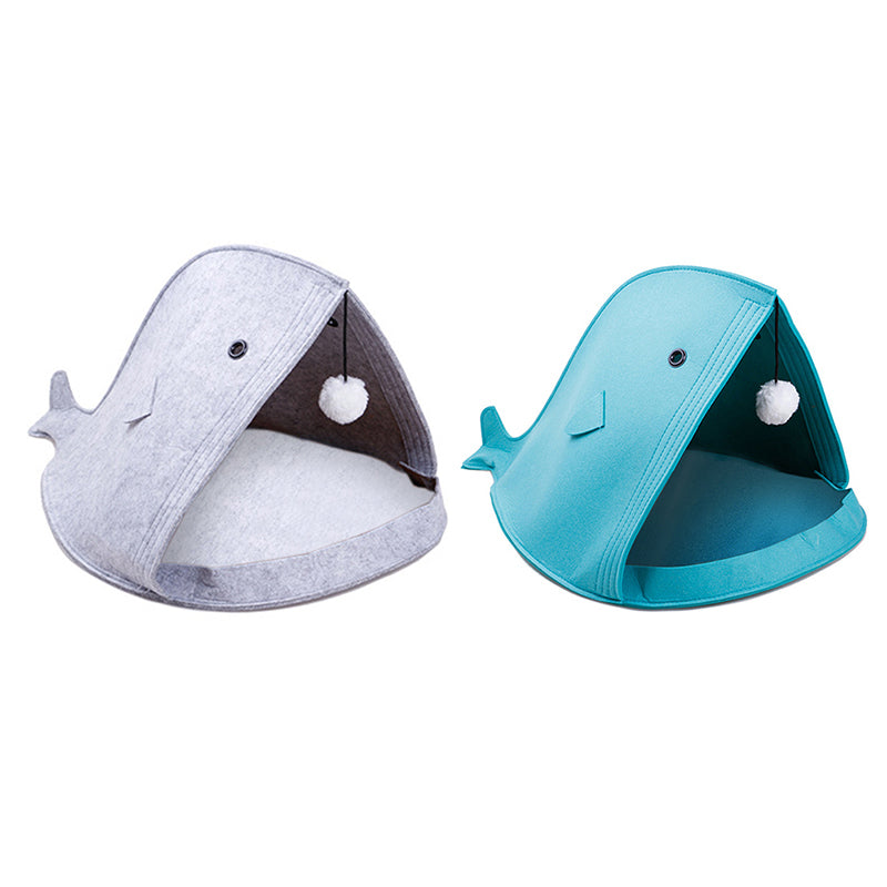 Shark Cat Cave Bed — Felt Tent Hideaway with Dangling Toy, 16 x 16 x 20 in