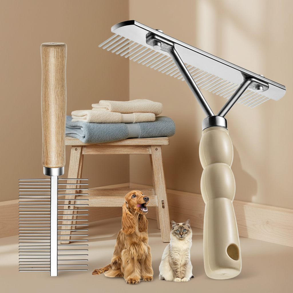 Undercoat rake and deshedding brush set for dogs and cats — detail view