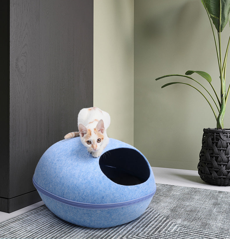 Egg-Shaped Felt Cat Cave Bed — Enclosed Hideaway, 13 x 10 in