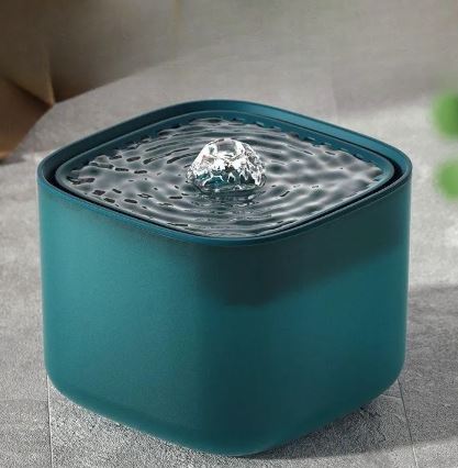 Cat water fountain shown in the Gray White, Smoky Gray and Peacock Green finishes