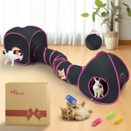 3-piece pop-up cat tunnel and cube tent set with toys