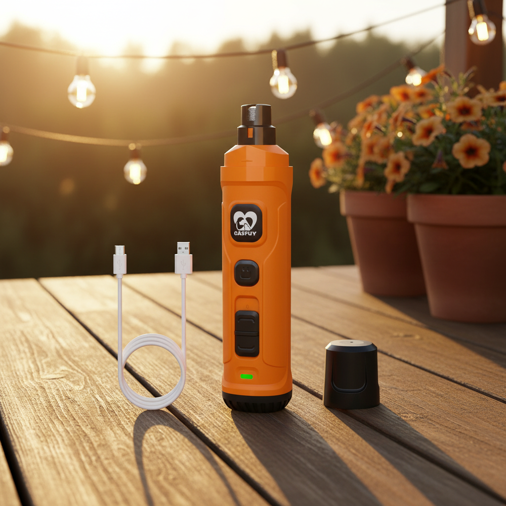 Electric dog nail grinder with 2 LED lights, orange — detail view