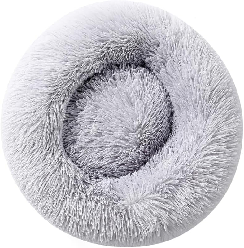 Fluffy calming donut pet bed self-warming cuddler, light grey