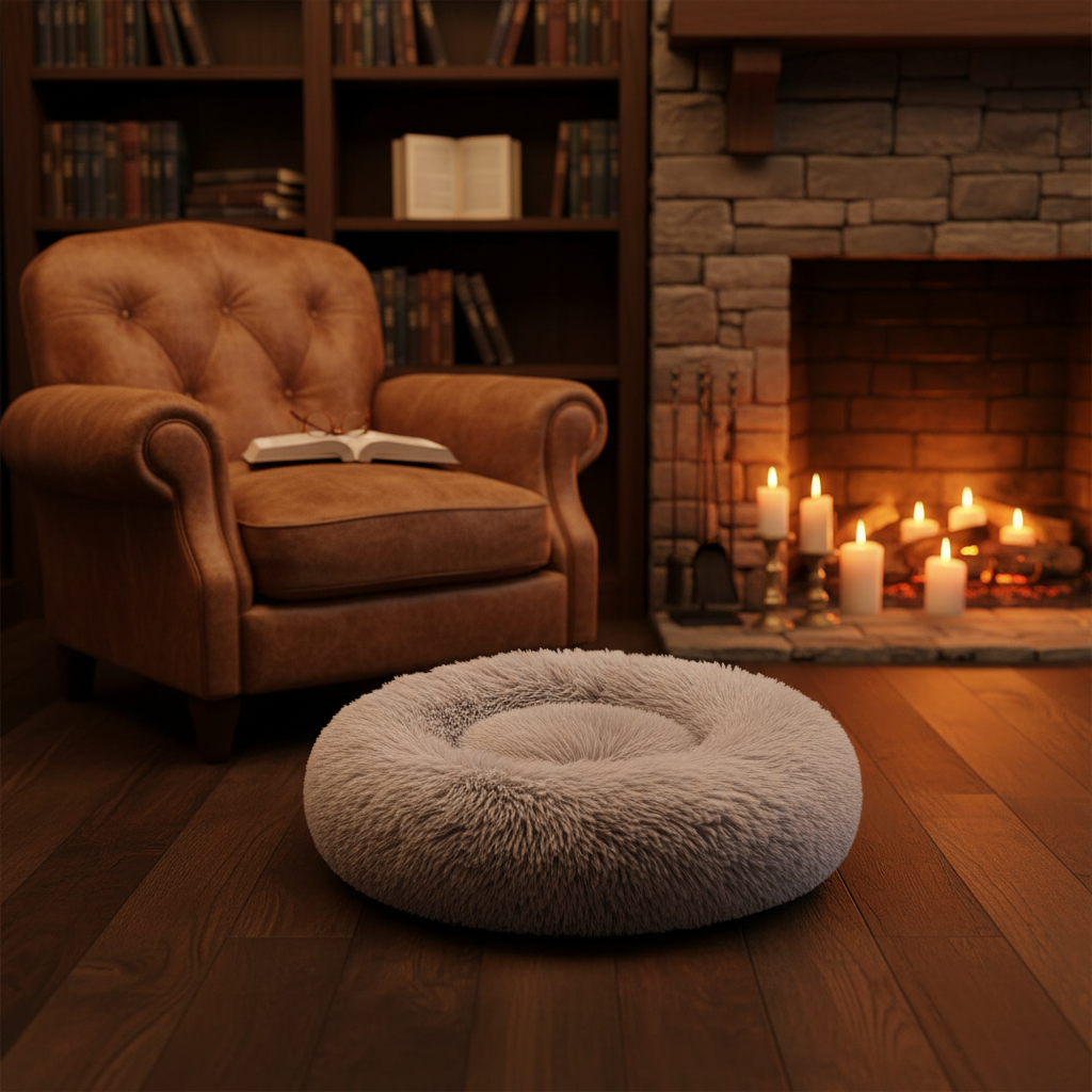 Fluffy calming donut pet bed self-warming cuddler, light grey — alternate view