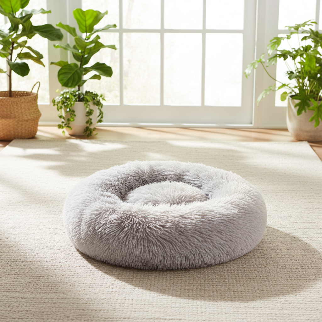 Fluffy calming donut pet bed self-warming cuddler, light grey — detail view