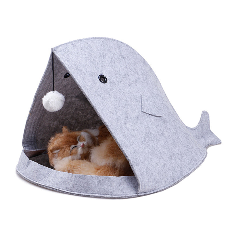 Shark Cat Cave Bed — Felt Tent Hideaway with Dangling Toy, 16 x 16 x 20 in