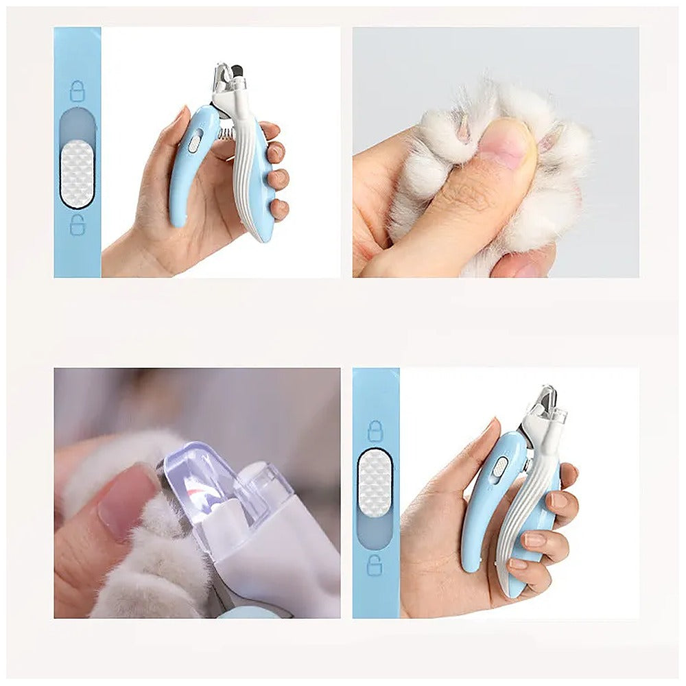 LED Pet Nail Clipper with Light Guard — held in hand, lock slider, and the LED guard lighting a cat's nail