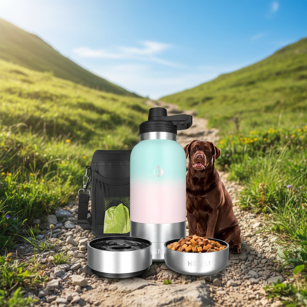 Insulated 32 oz stainless steel dog travel water bottle with detachable bowls — alternate view