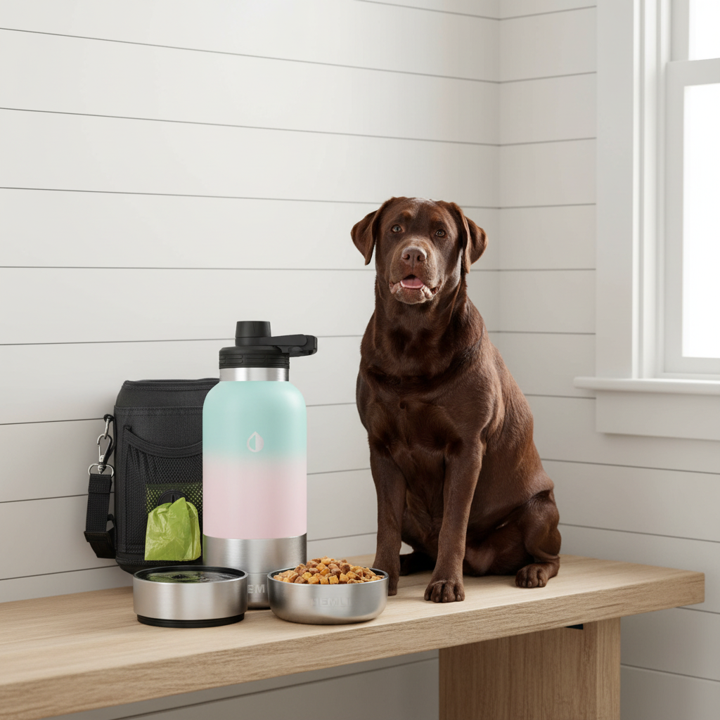 Insulated 32 oz stainless steel dog travel water bottle with detachable bowls — detail view