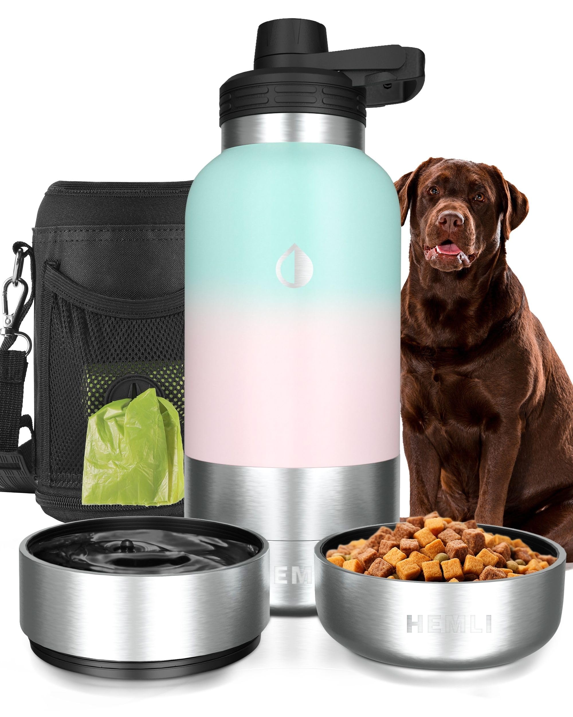 Insulated 32 oz dog travel water bottle with detachable bowls