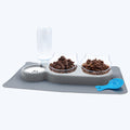 Elevated triple cat bowl set with water dispenser and tilted bowls