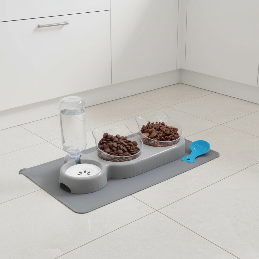 Elevated triple cat bowl set with water dispenser and tilted bowls — alternate view