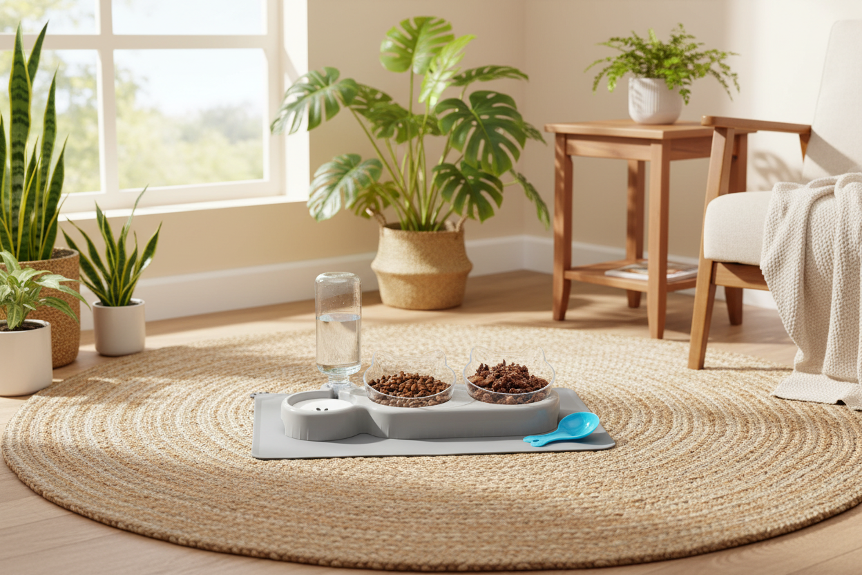 Elevated triple cat bowl set with water dispenser and tilted bowls — detail view