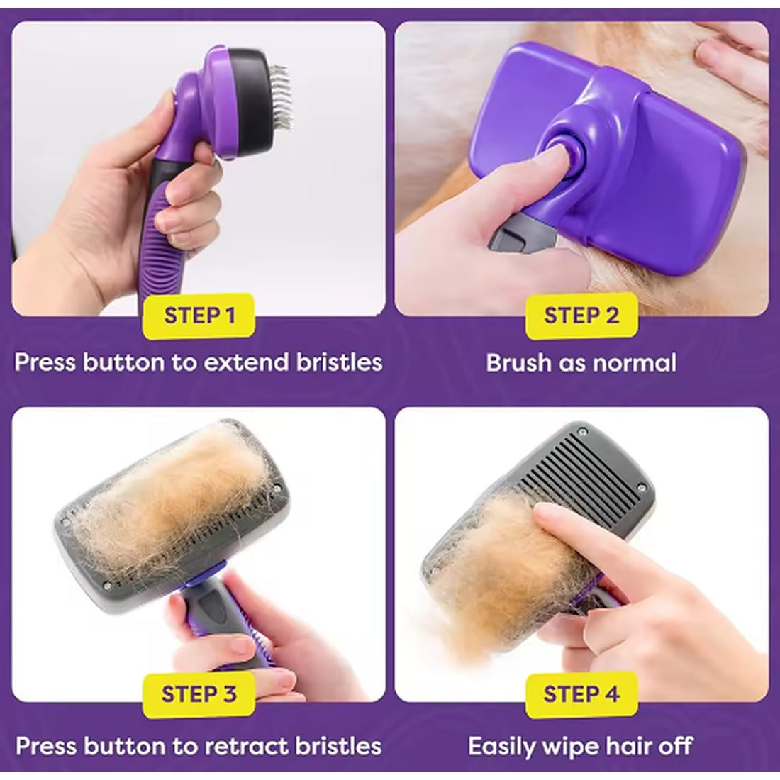 How it works: press the button to extend bristles, brush, press again to retract, wipe the fur off