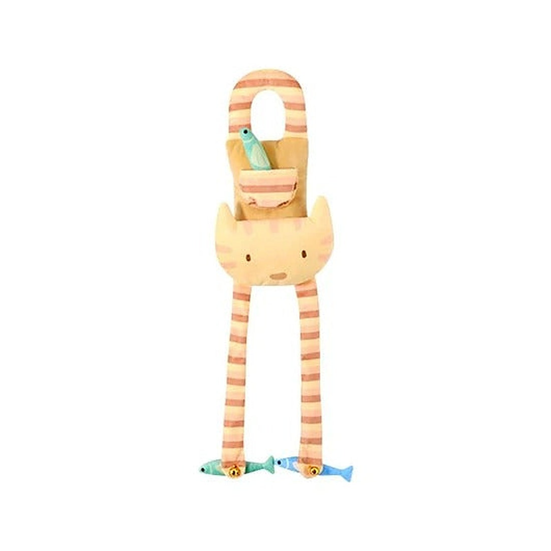 Door-Hanging Cat Teaser in yellow, full length with spring legs and fish charms