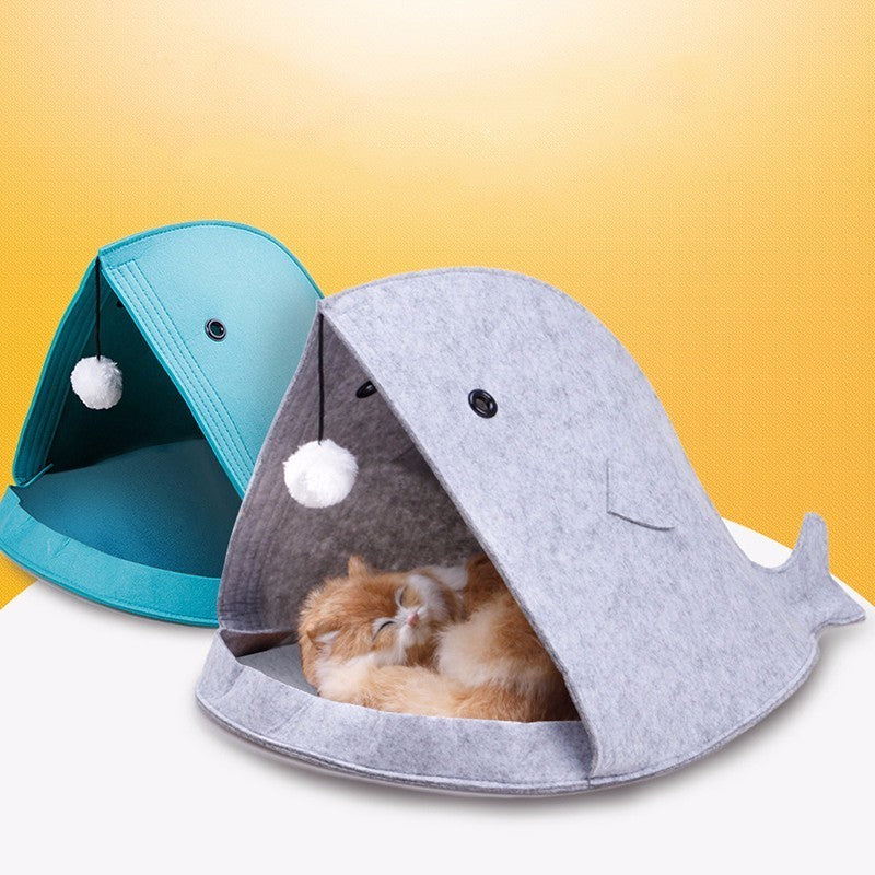 Shark Cat Cave Bed — Felt Tent Hideaway with Dangling Toy, 16 x 16 x 20 in