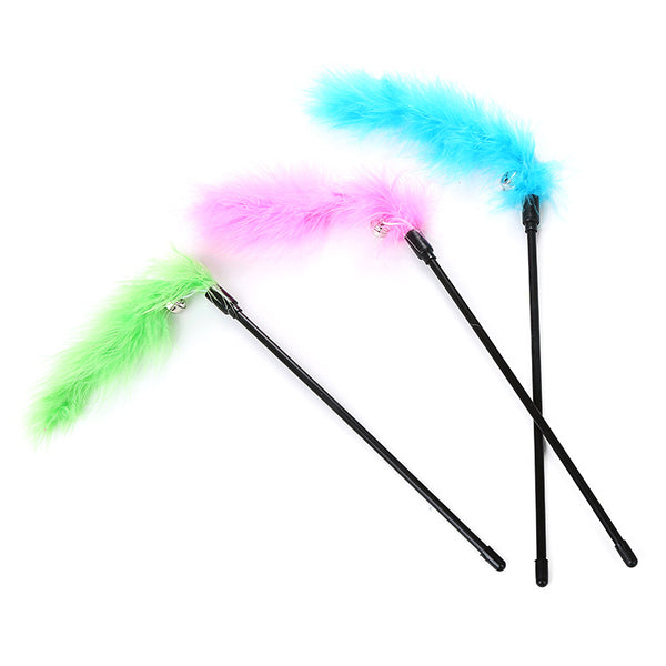 Turkey Feather Cat Teaser Wand with Bell — Natural Feather Toy, 10 in