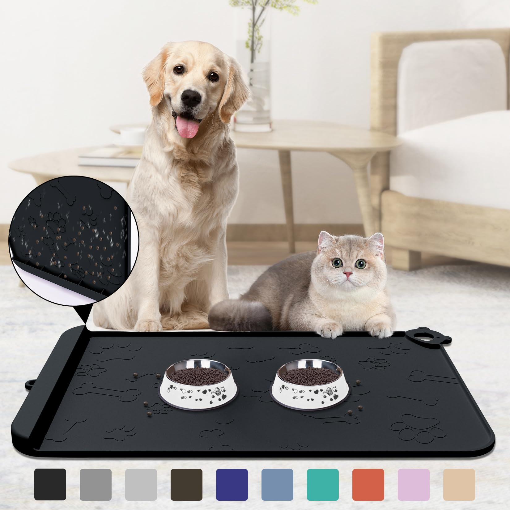 Silicone pet feeding mat with residue pocket, 22 x 14 inches