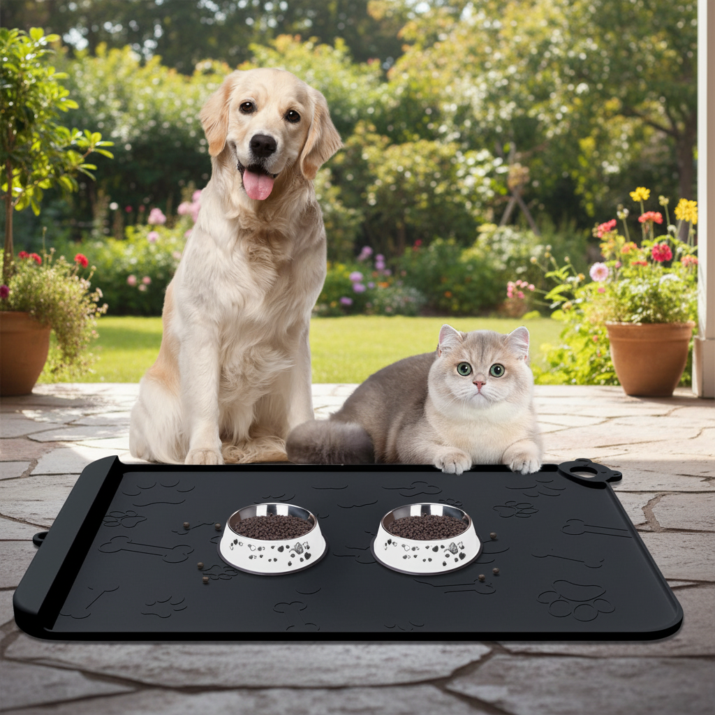 Silicone pet feeding mat with residue pocket, 22 x 14 inches — detail view