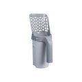 Grey cat litter scoop with attached waste bin, side view